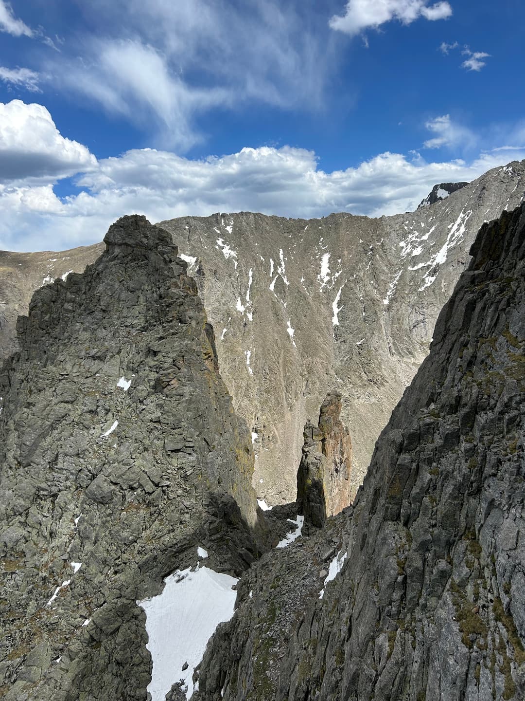 Saber (left) and the Petit Grepon (middle) looking petit from a couple pitches up Sharkstooth